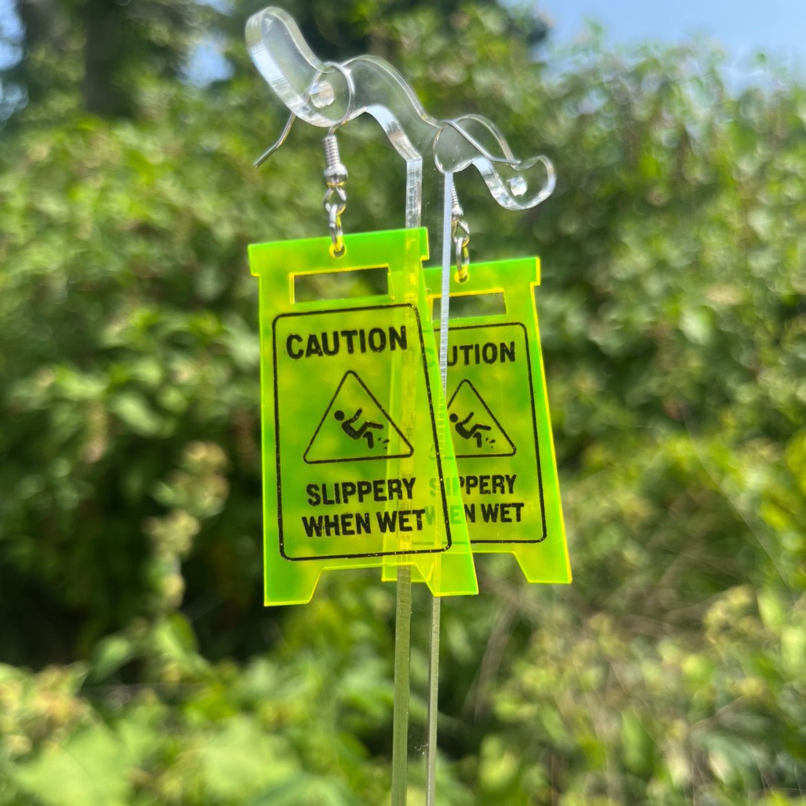 Slippery When Wet Sign Dangle Earrings