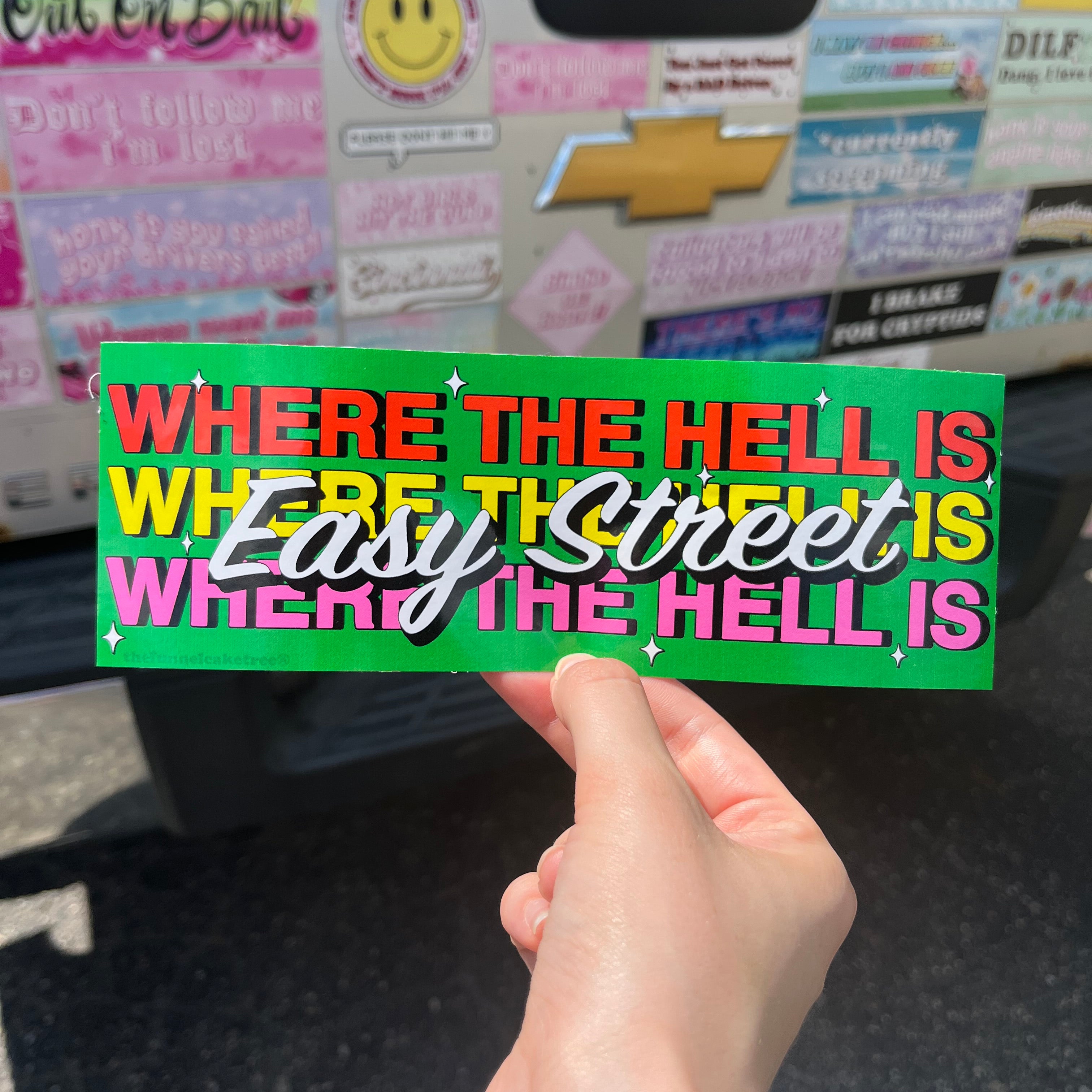 Bumper sticker with green background and red white yellow and pink text that reads where the hell is easy street 