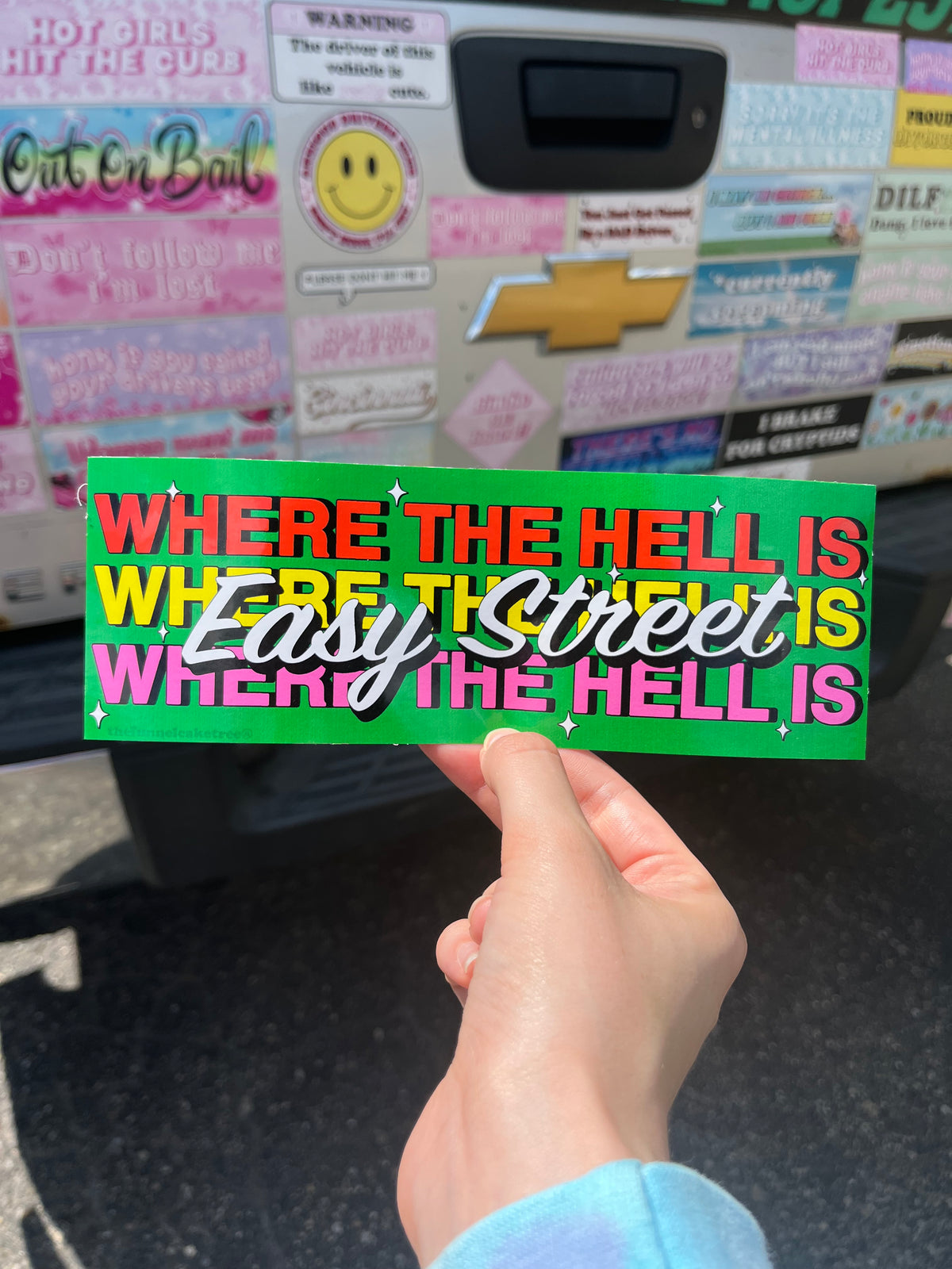 Bumper sticker with green background and red white yellow and pink text that reads where the hell is easy street 