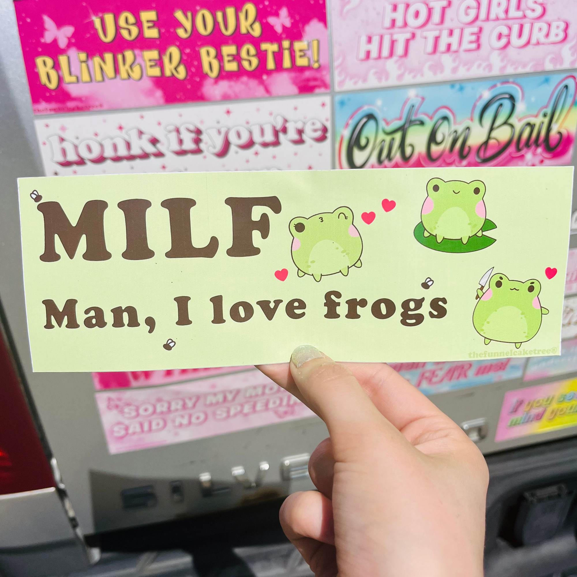 Funny vinyl bumper sticker that says ‘MILF Man I Love Frogs’ — waterproof and UV-protected, perfect for cars