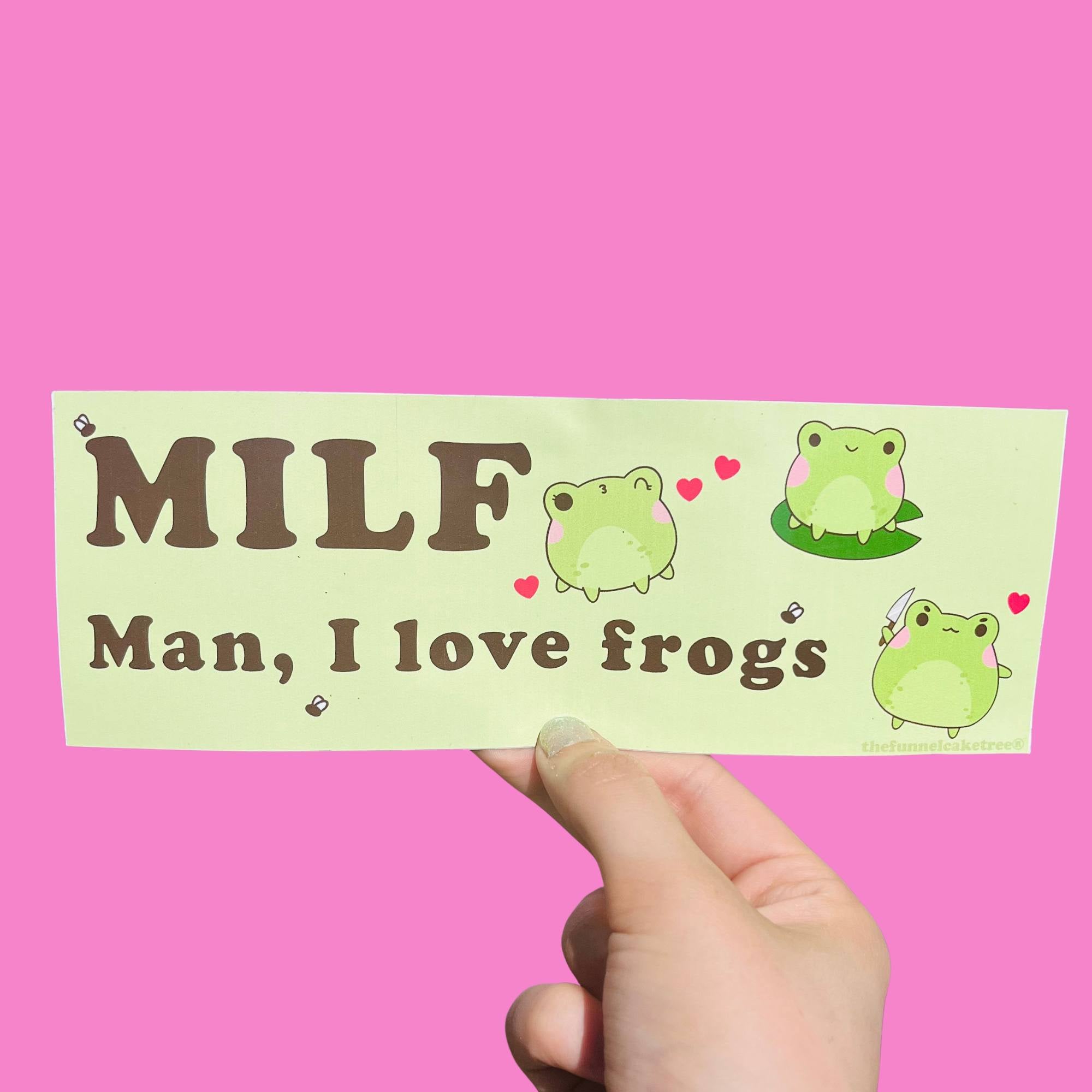 Funny vinyl bumper sticker that says ‘MILF Man I Love Frogs’ — waterproof and UV-protected, perfect for cars