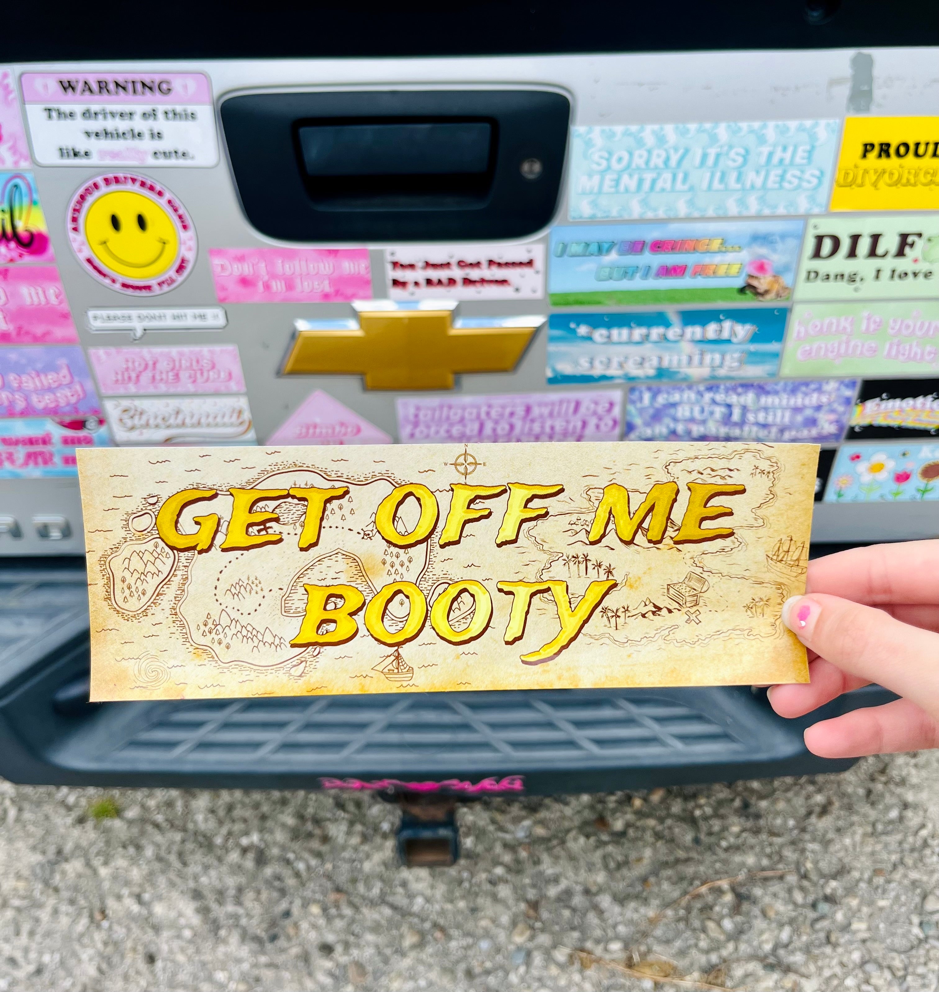 Rectangular bumper sticker reading GET OFF ME BOOTY