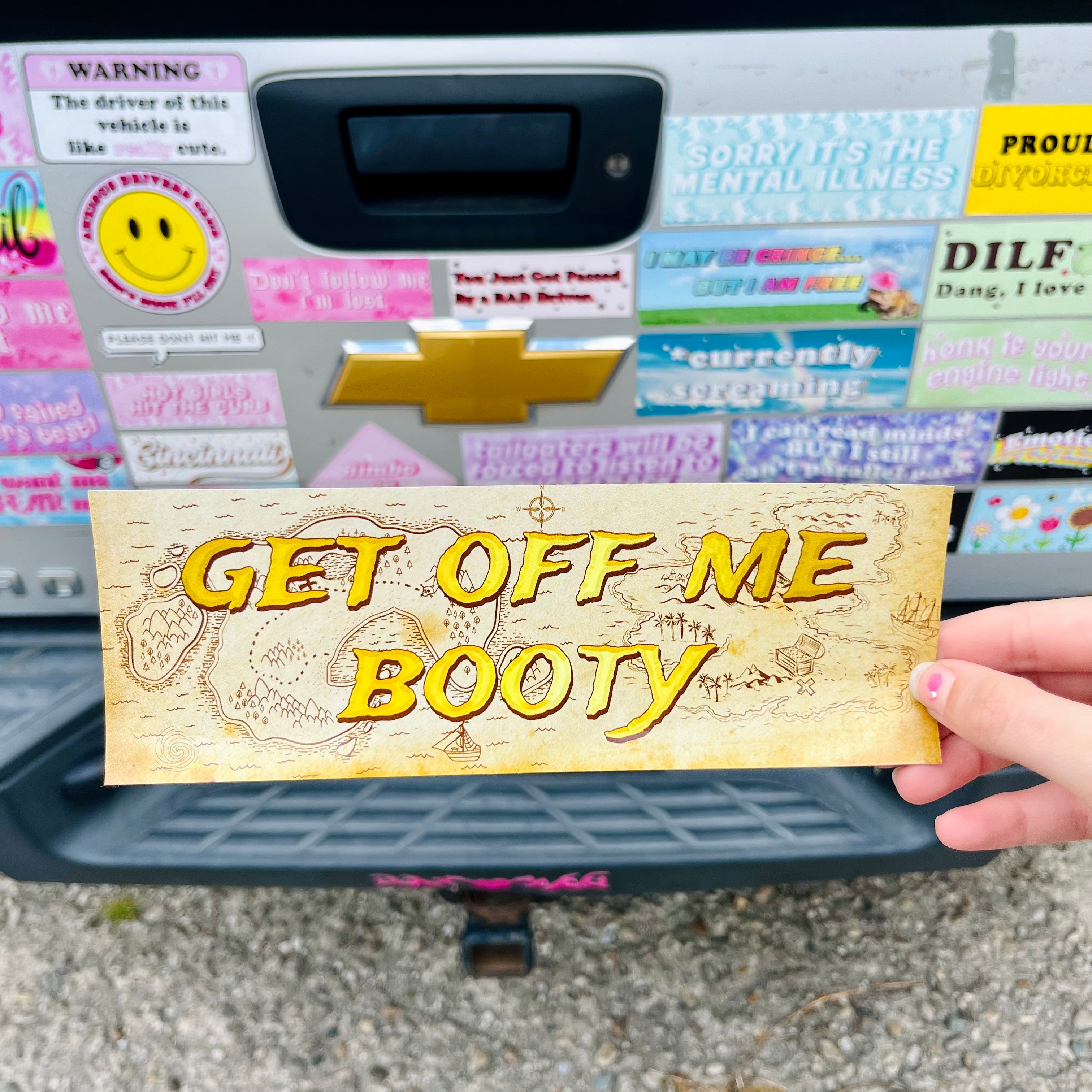 Rectangular bumper sticker reading GET OFF ME BOOTY