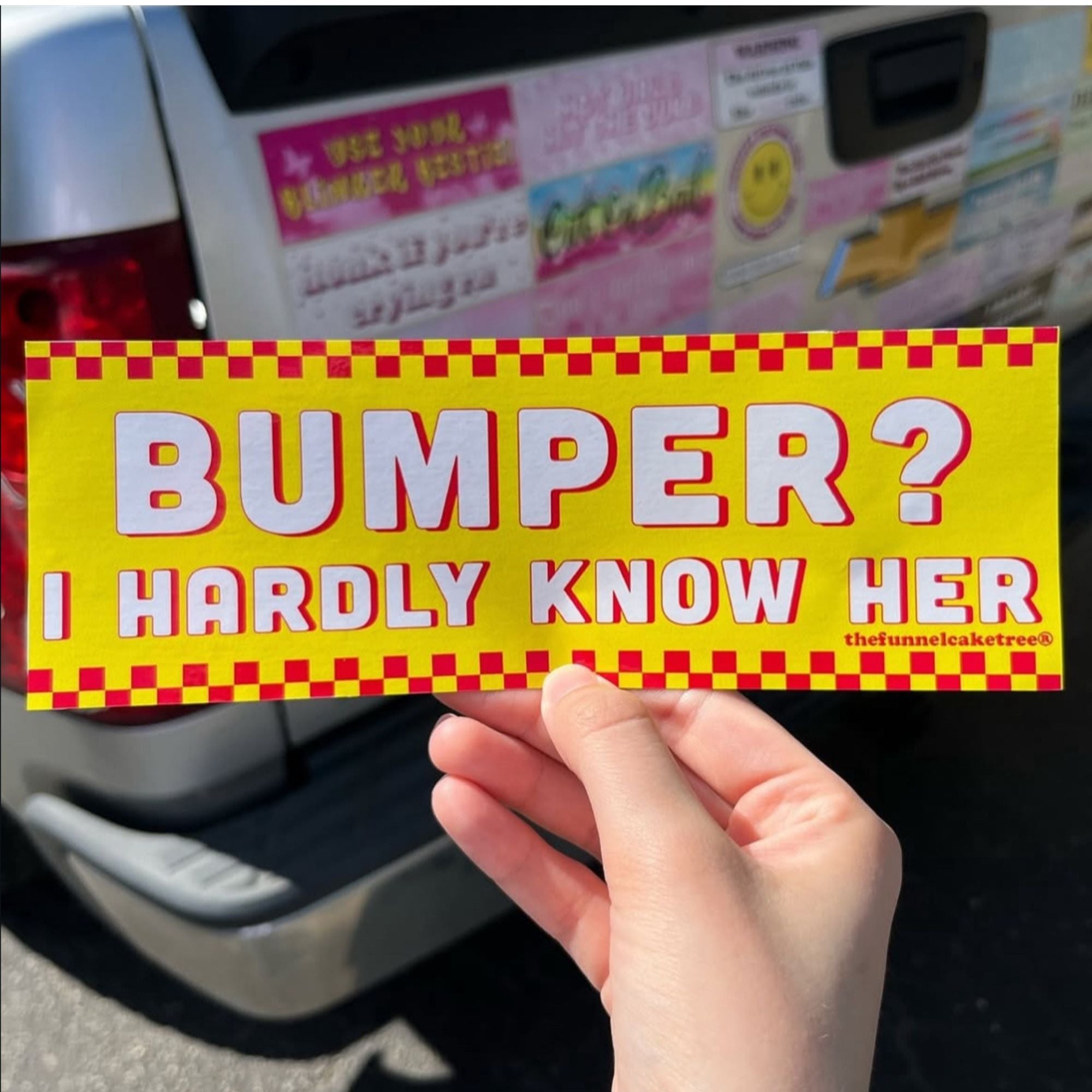 “Funny vinyl bumper sticker that is blue that says ‘Bumper I hardly know her’ — waterproof and UV-protected, perfect for cars.”