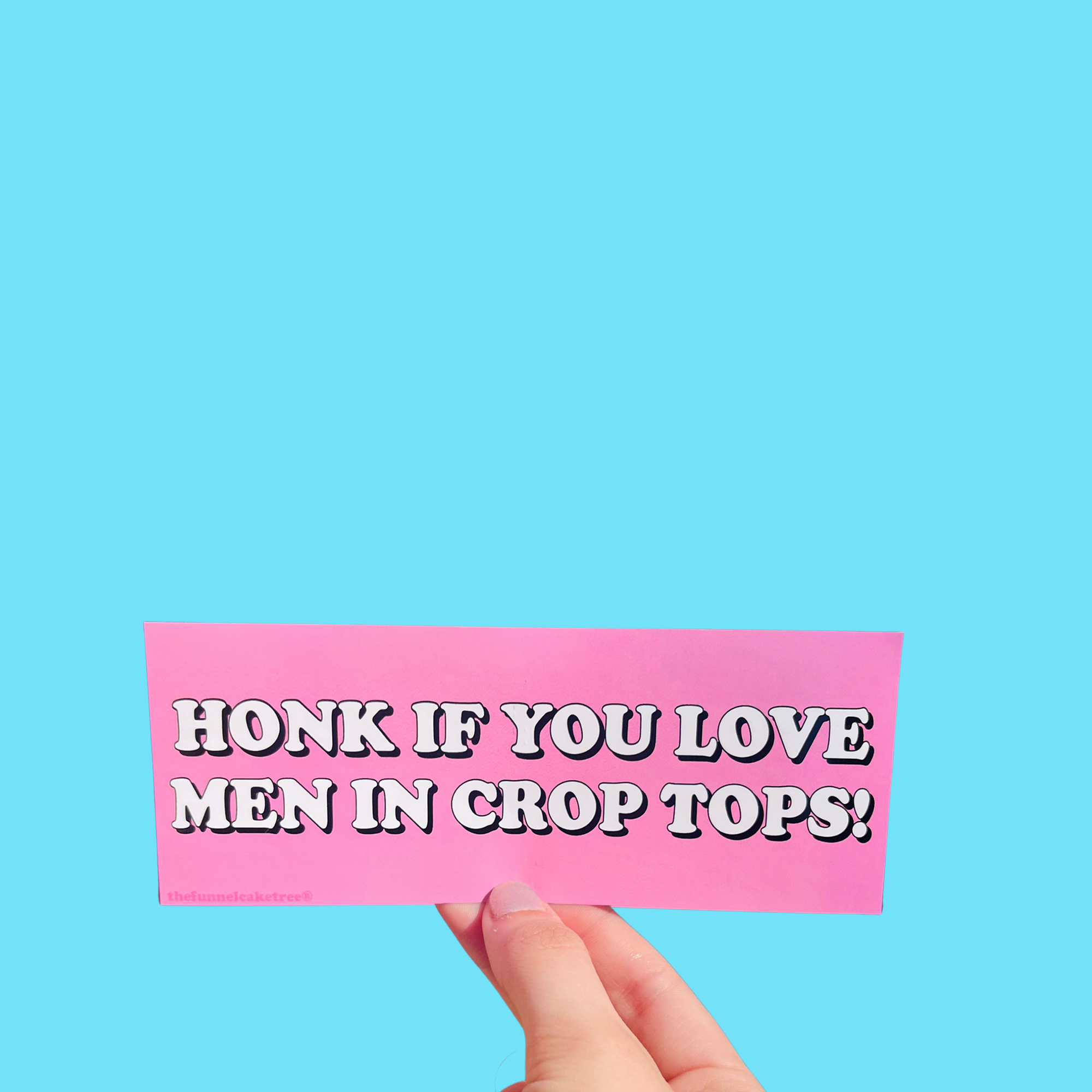 Hand holding a pink mini bumper sticker reading 'Honk if you love men in crop tops!' in white lettering On a solid teal background.