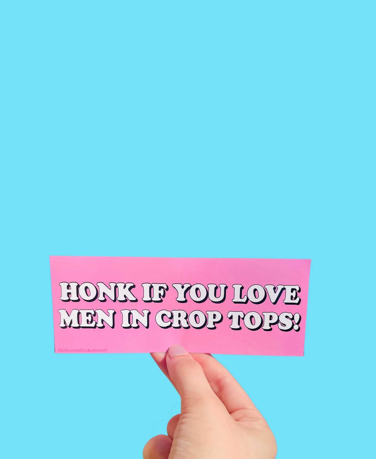 Hand holding a pink mini bumper sticker reading 'Honk if you love men in crop tops!' in white lettering On a solid teal background.