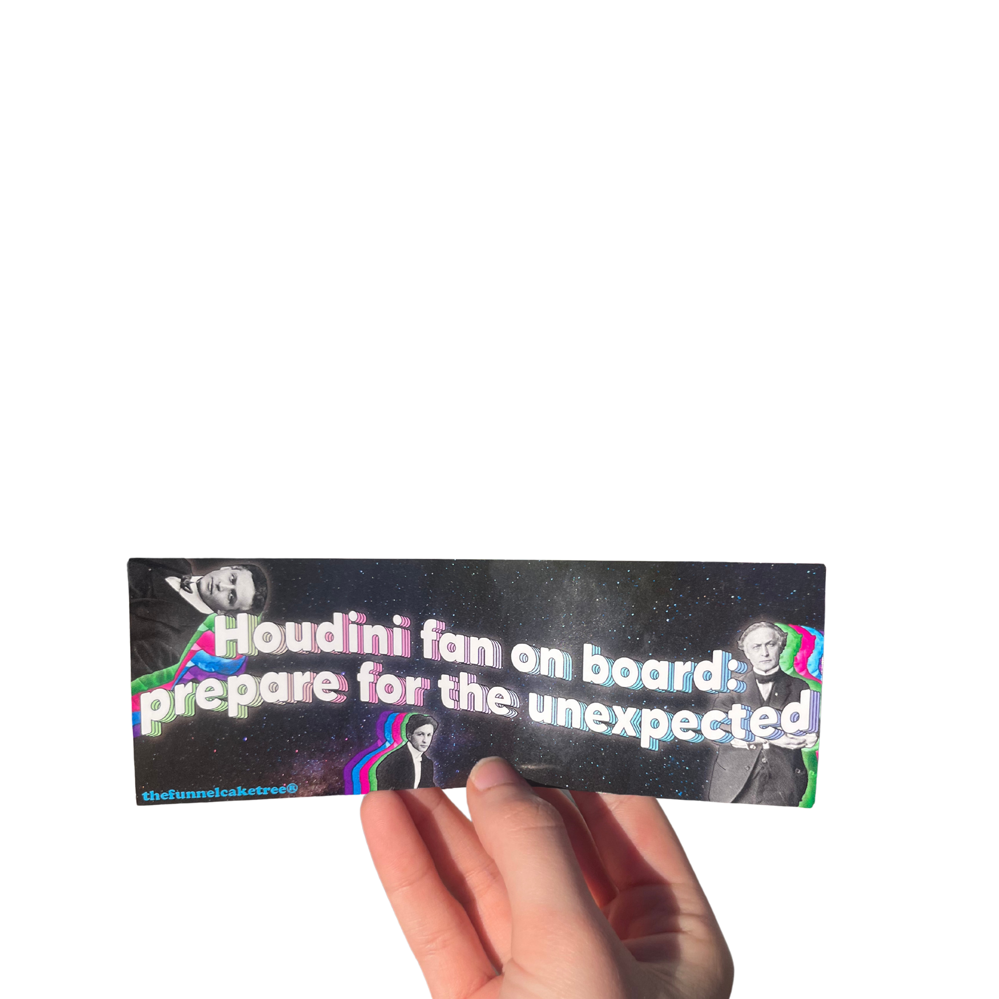 Hand holding a black 'Houdini fan on board: prepare for the unexpected' mini sticker with magician portraits.