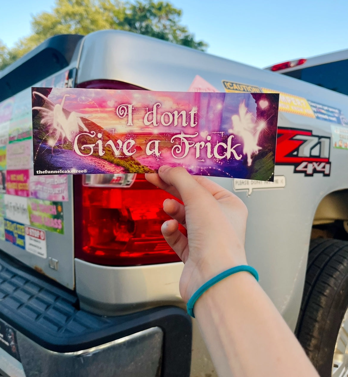I don't give a frick funny bumper sticker held in front of a truck