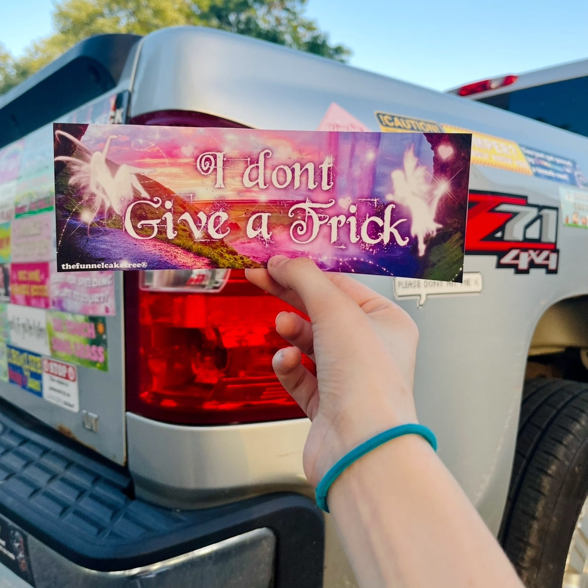 I don't give a frick funny bumper sticker held in front of a truck