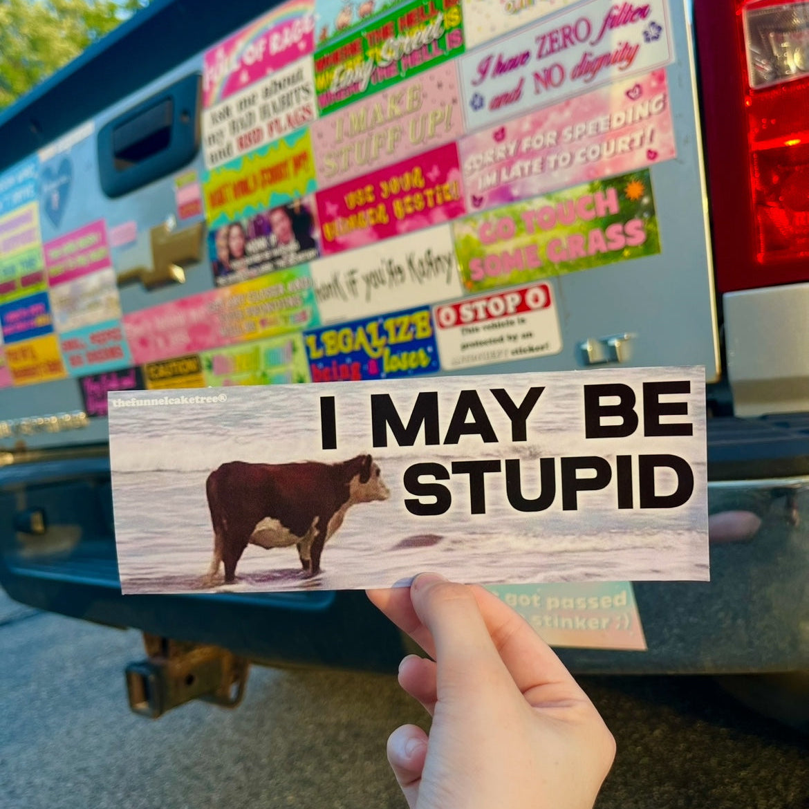 I May Be Stupid funny bumper sticker held in front of a sticker-covered vehicle