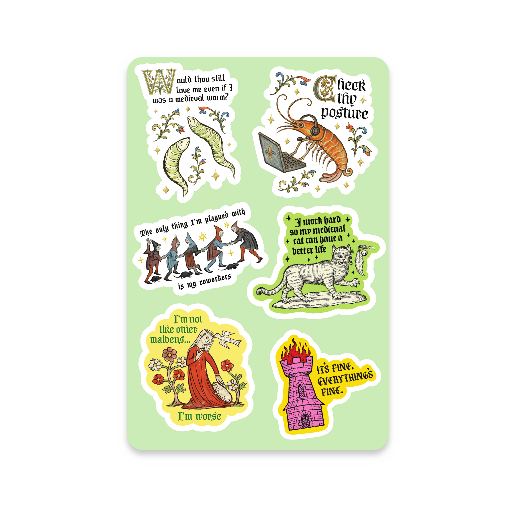 Medieval Existential Humor Sticker Sheet on white background