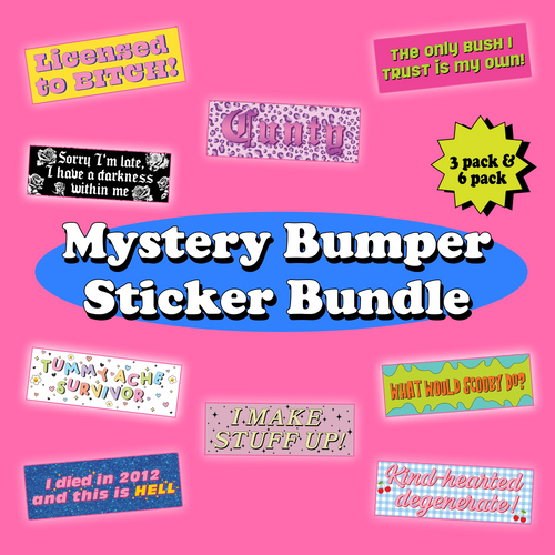 Mystery bumper sticker bundle with colorful funny sticker designs on a pink background, available in 3-pack and 6-pack options.