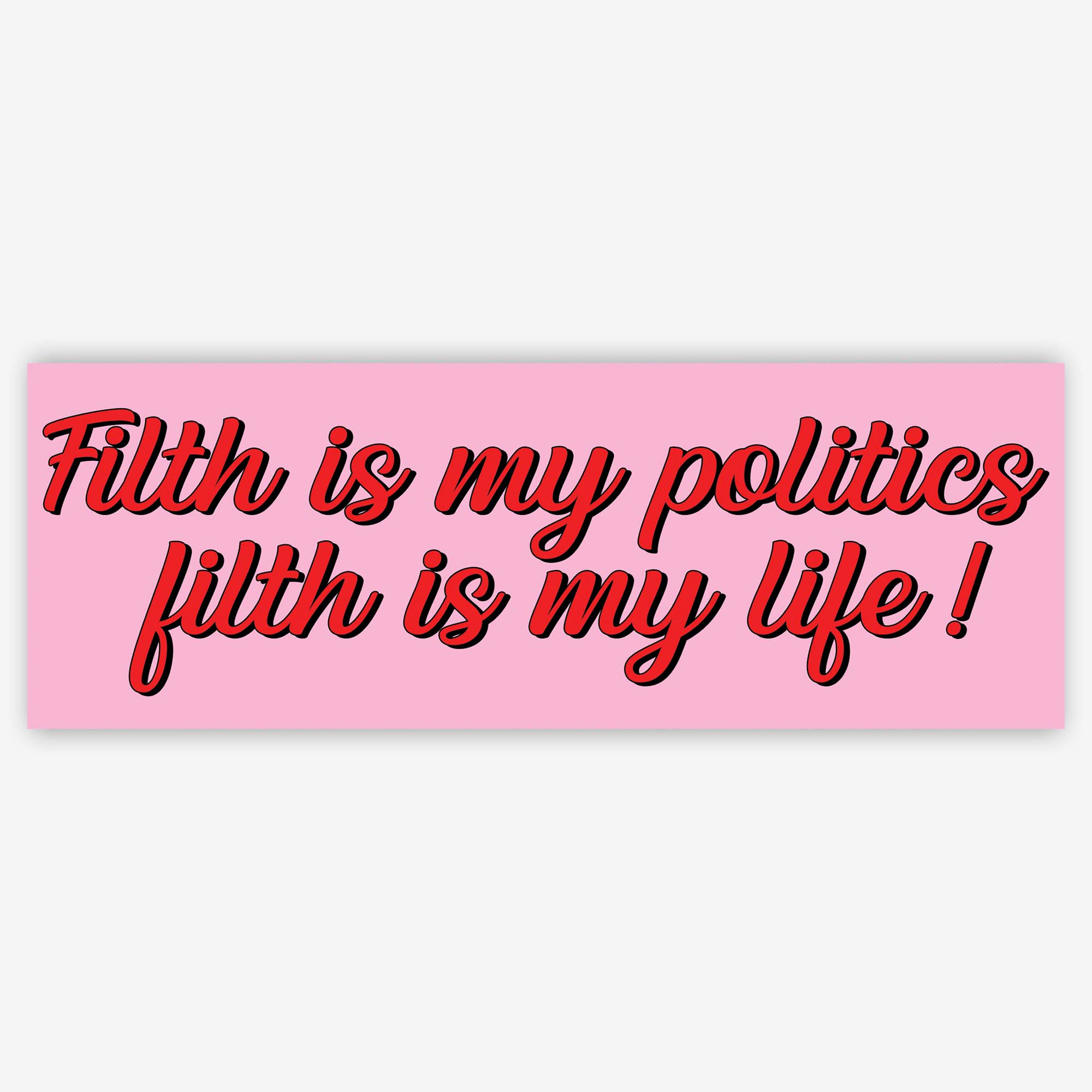Pink bumper sticker with bold red and black retro lettering that reads “Filth Is My Politics, Filth Is My Life!” designed by The Funnel Cake Tree.