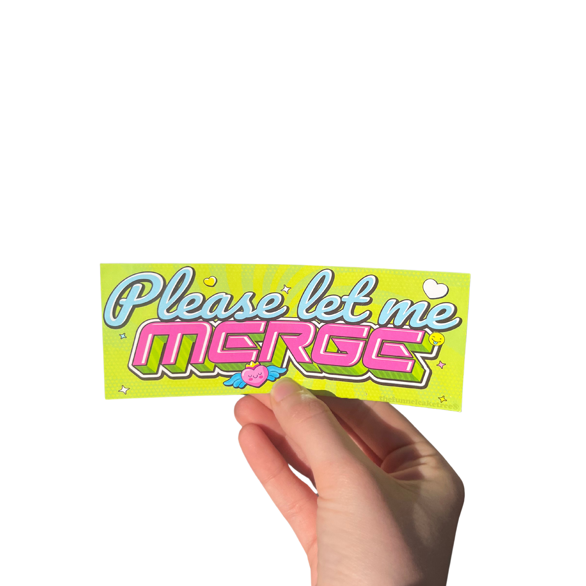 Hand holding a lime green Y2K-style mini bumper sticker reading 'Please let me MERGE' in pink and white letters.