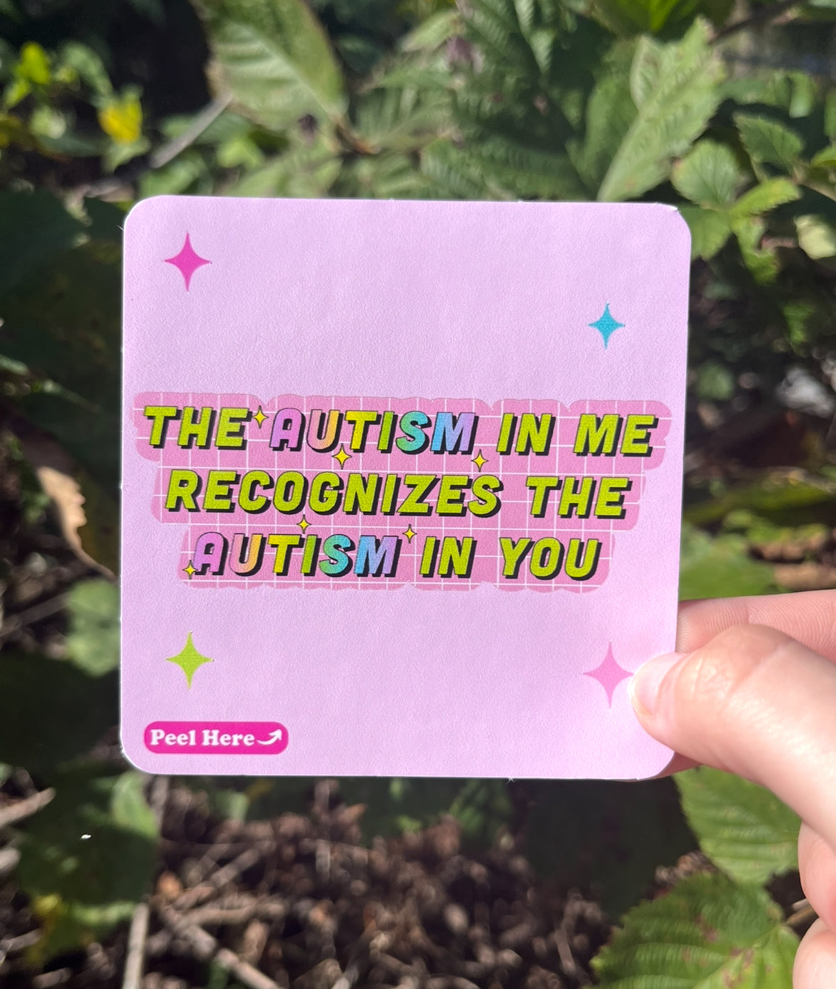 “Funny vinyl sticker that says ‘the autism in me recognizes the autism in you’ — waterproof and UV-protected, perfect for cars, water bottles, notebooks, laptops, skateboards, etc