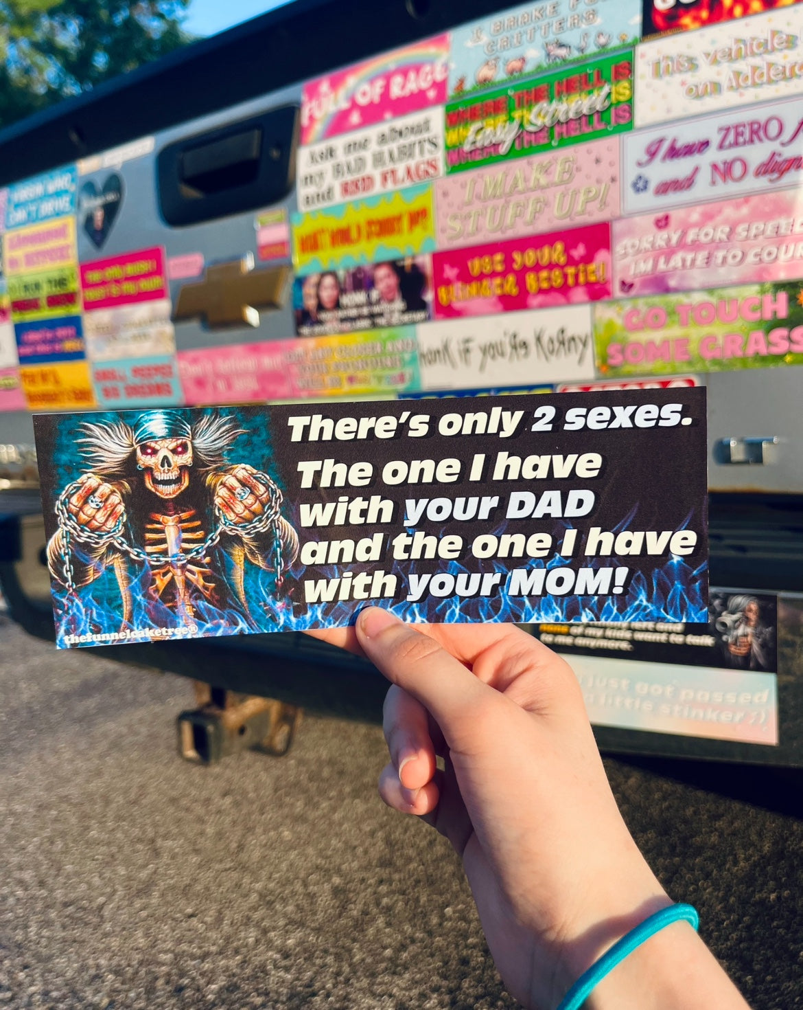 There’s only two sexes funny bumper sticker held in front of a truck