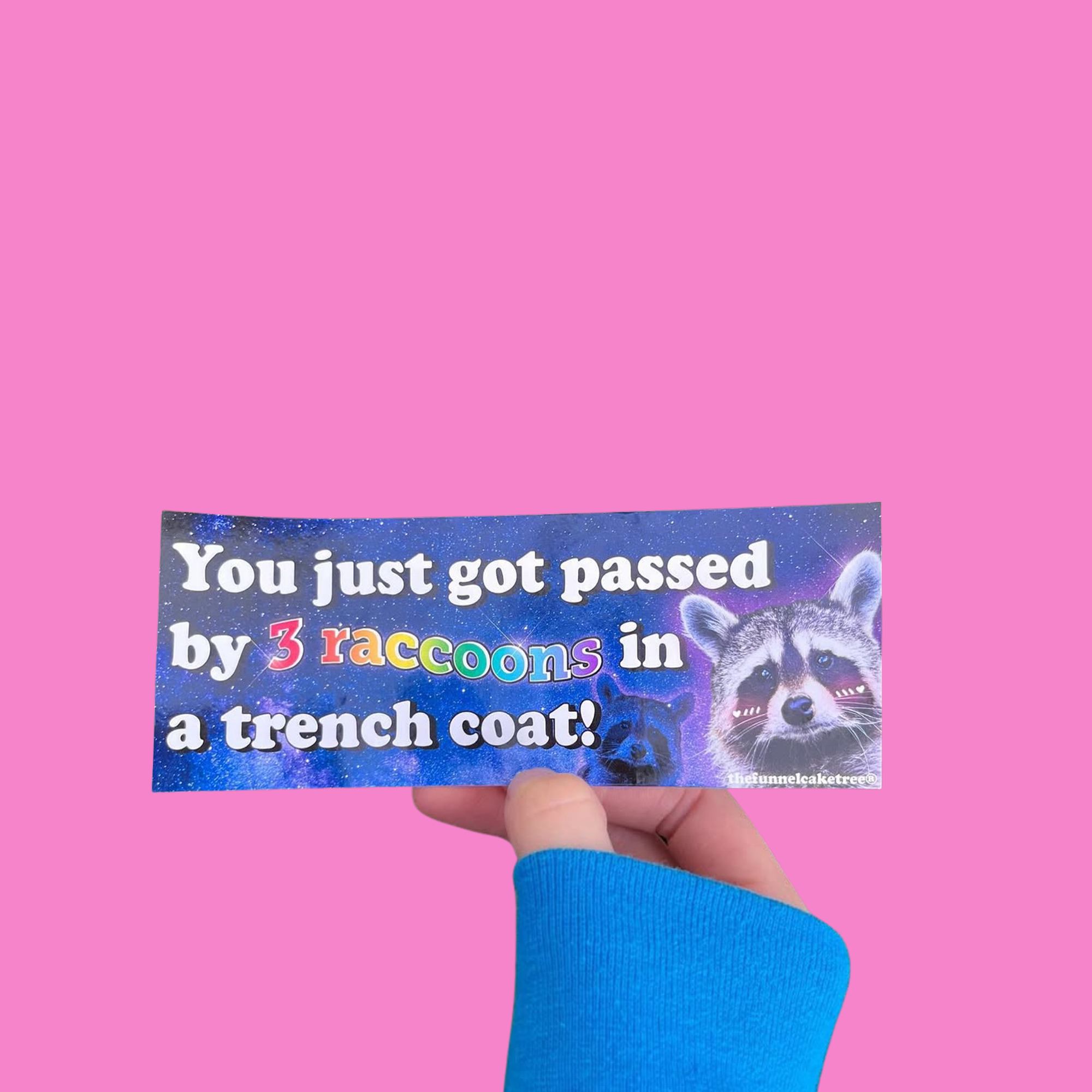 Hand holding a mini bumper sticker reading "you just got passed by 3 raccoons in trench coat." On a solid pink background.