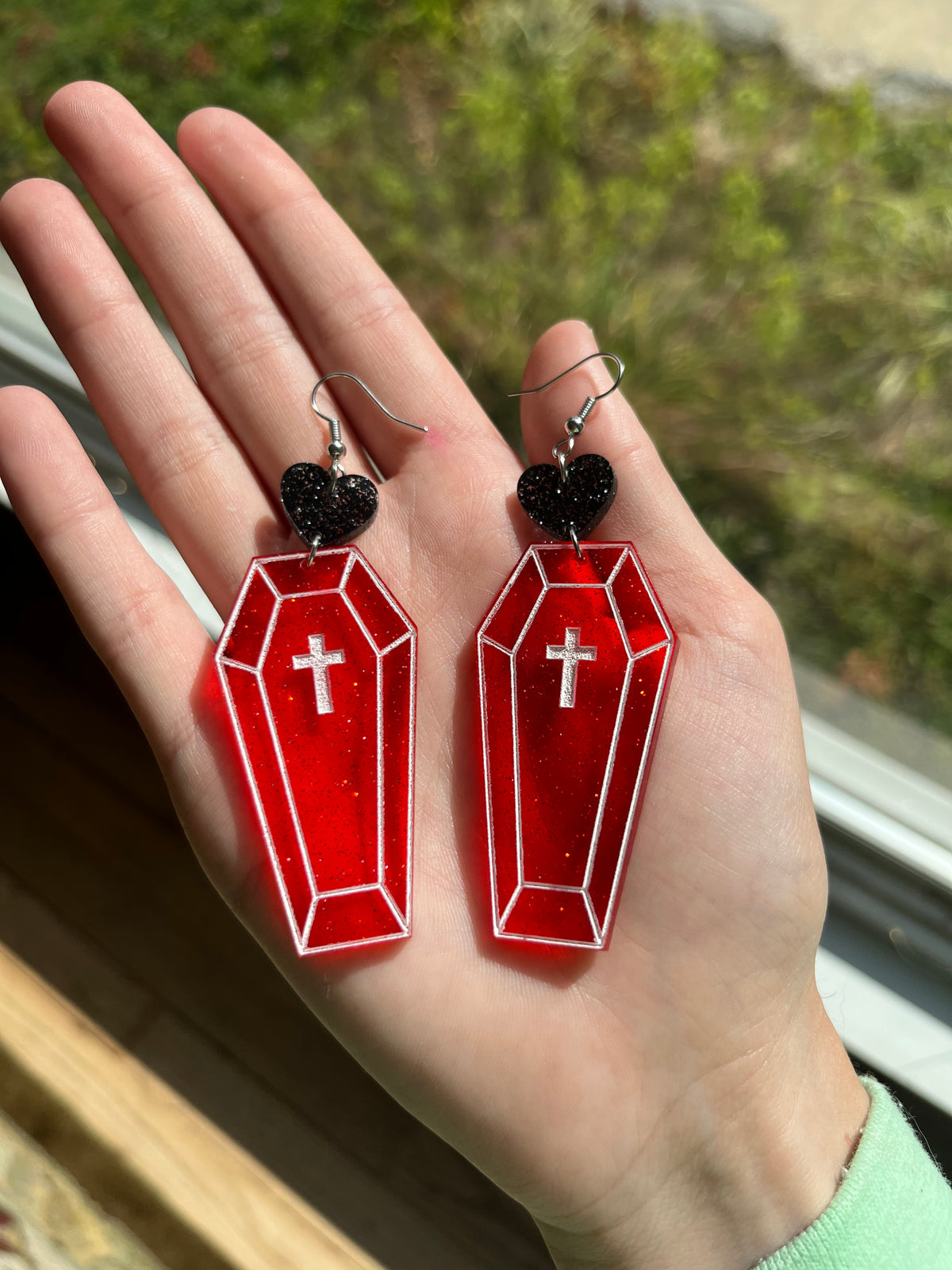 Black and Red Leather Coffin Earrings | Coffins Halloween Jewelery Black and Red Leather Coffin Earrings | Coffins Halloween Jewelery