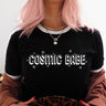 The Funnel Cake Tree “Cosmic Babe” black ringer tee featuring bold white block lettering with stars. A retro-inspired graphic shirt for celestial and space-loving babes.