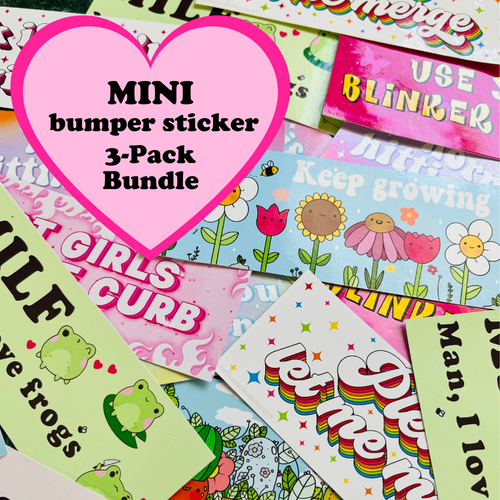 A pile of colorful rectangular stickers with floral and frog illustrations, featuring a pink heart-shaped graphic overlay.