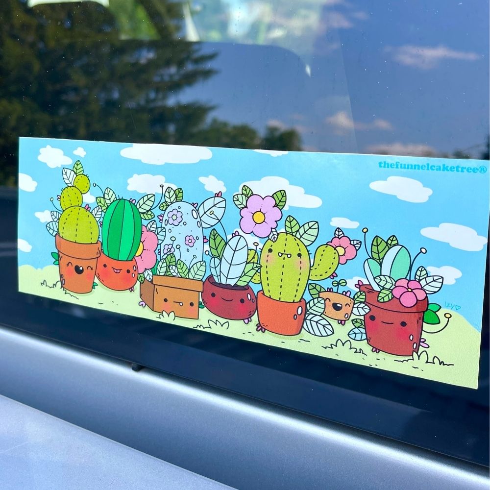 Rectangular sticker on a car window with seven cartoon cacti in pots under a blue sky. Text reads thefunnelcaketree.