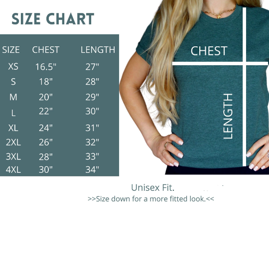 Size chart image showing unisex t-shirt measurements for XS to 4XL with chest and length dimensions, including fit guide from The Funnel Cake Tree.