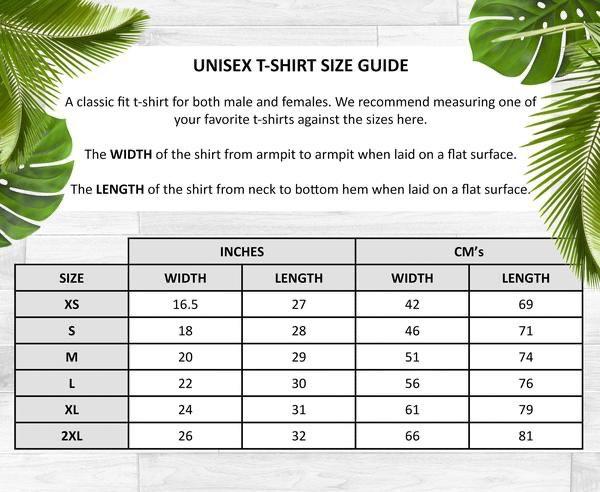 Unisex t-shirt size guide chart by Funnel Cake Tree  white background with green tropical leaves, showing width and length measurements in inches and centimeters for sizes XS to 2XL.