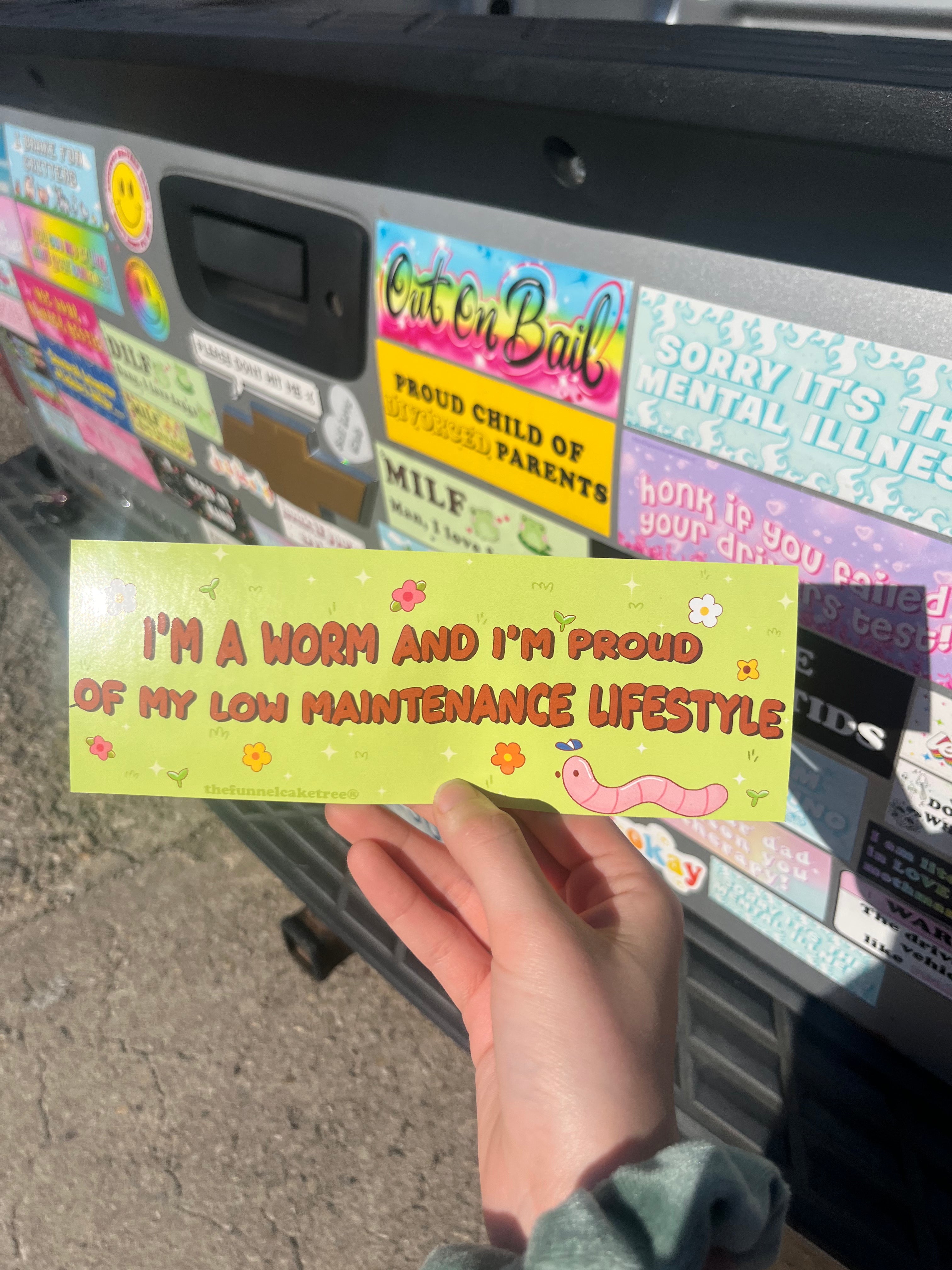  “Funny vinyl bumper sticker that says ‘I'm a worm and I'm proud of my low maintenance lifestyle’ — waterproof and UV-protected, perfect for cars.”
