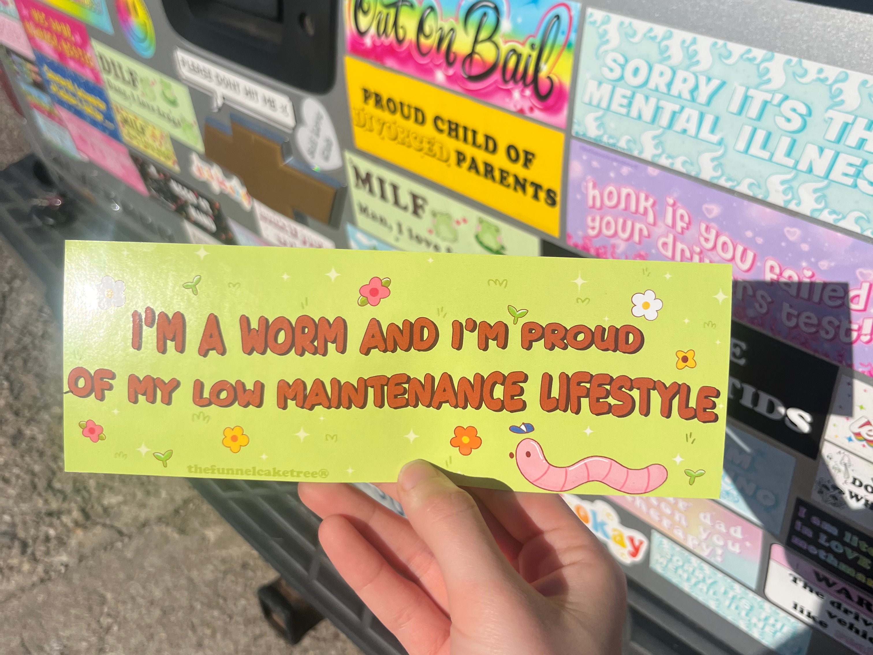  “Funny vinyl bumper sticker that says ‘I'm a worm and I'm proud of my low maintenance lifestyle’ — waterproof and UV-protected, perfect for cars.”
