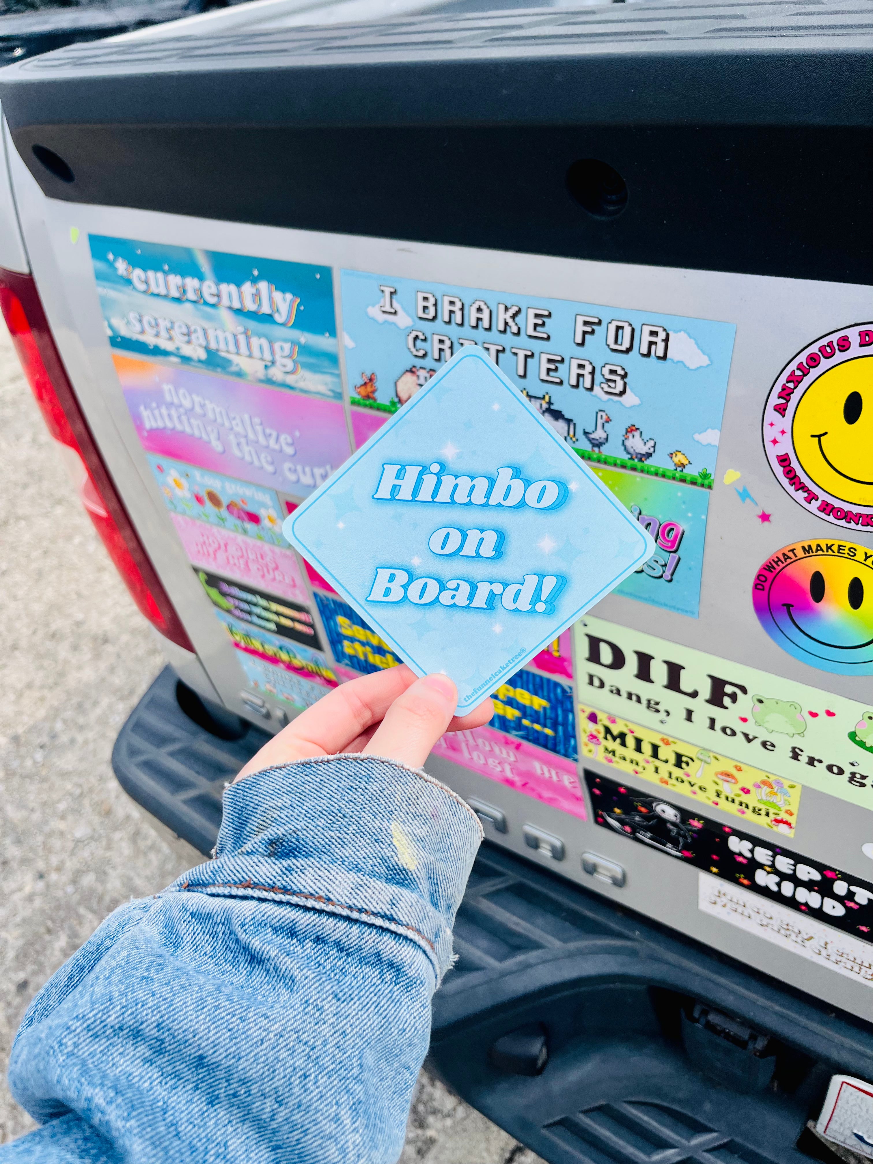  “Funny vinyl bumper sticker that says ‘Himbo on Board’ — waterproof and UV-protected, perfect for cars.”