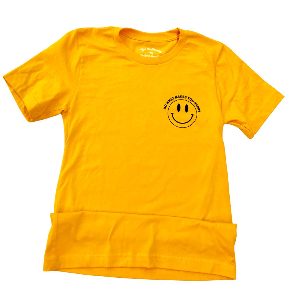 Yellow ‘Do What Makes You Happy’ t-shirt by Funnel Cake Tree featuring a black smiley face design - fun retro positive graphic tee.
