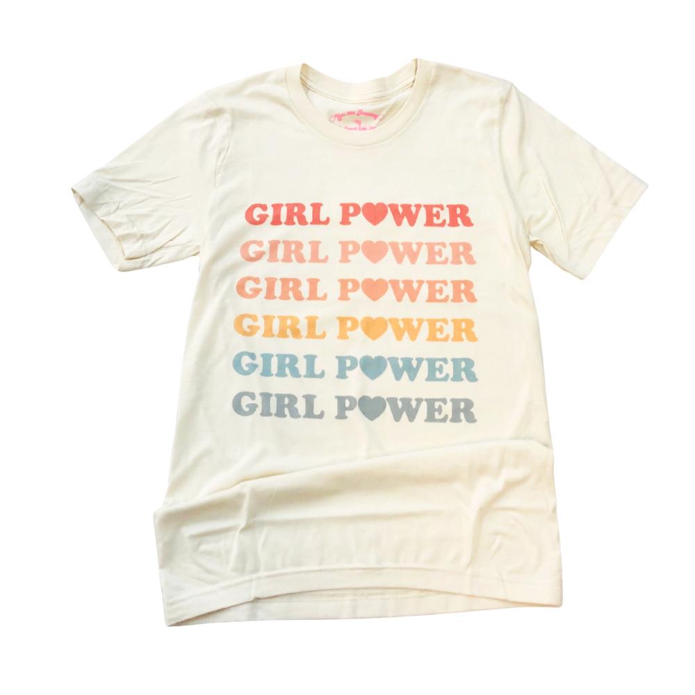 Flat lay of a cream ‘Girl Power’ graphic tee featuring pastel rainbow lettering in shades of red, orange, yellow, and blue, displayed on a white background for Funnel Cake Tree