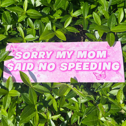Pink rectangular bumper sticker with butterflies and text: SORRY MY MOM SAID NO SPEEDING, placed on green leaves.